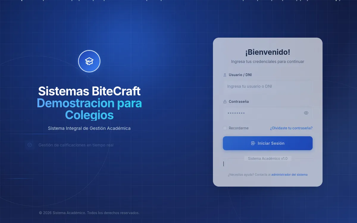 Pantalla de acceso del sistema académico para colegios de BiteCraft, con el formulario de inicio de sesión.