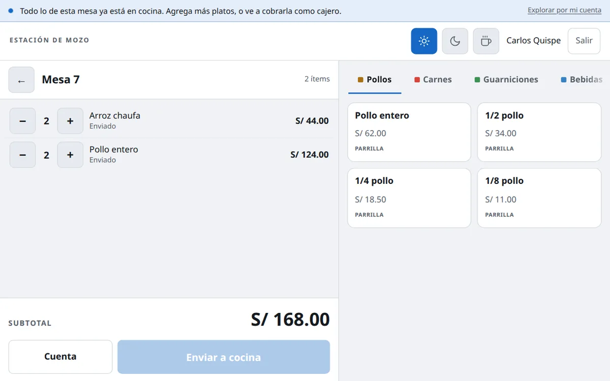Estación del mozo del sistema para restaurantes: el pedido de la mesa 7 a la izquierda y la carta por categorías a la derecha.