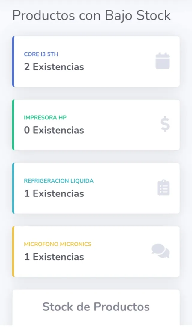 Listado de productos con bajo stock en el sistema de ventas, mostrando las existencias restantes de cada artículo.