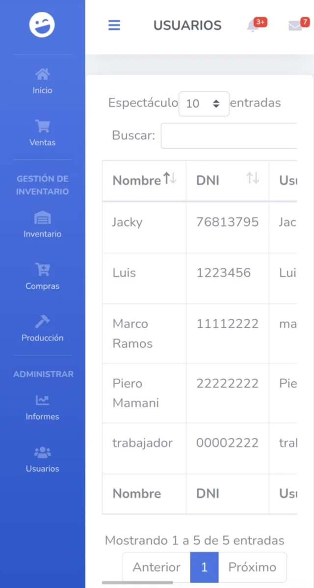 Pantalla de gestión de usuarios del sistema de ventas.